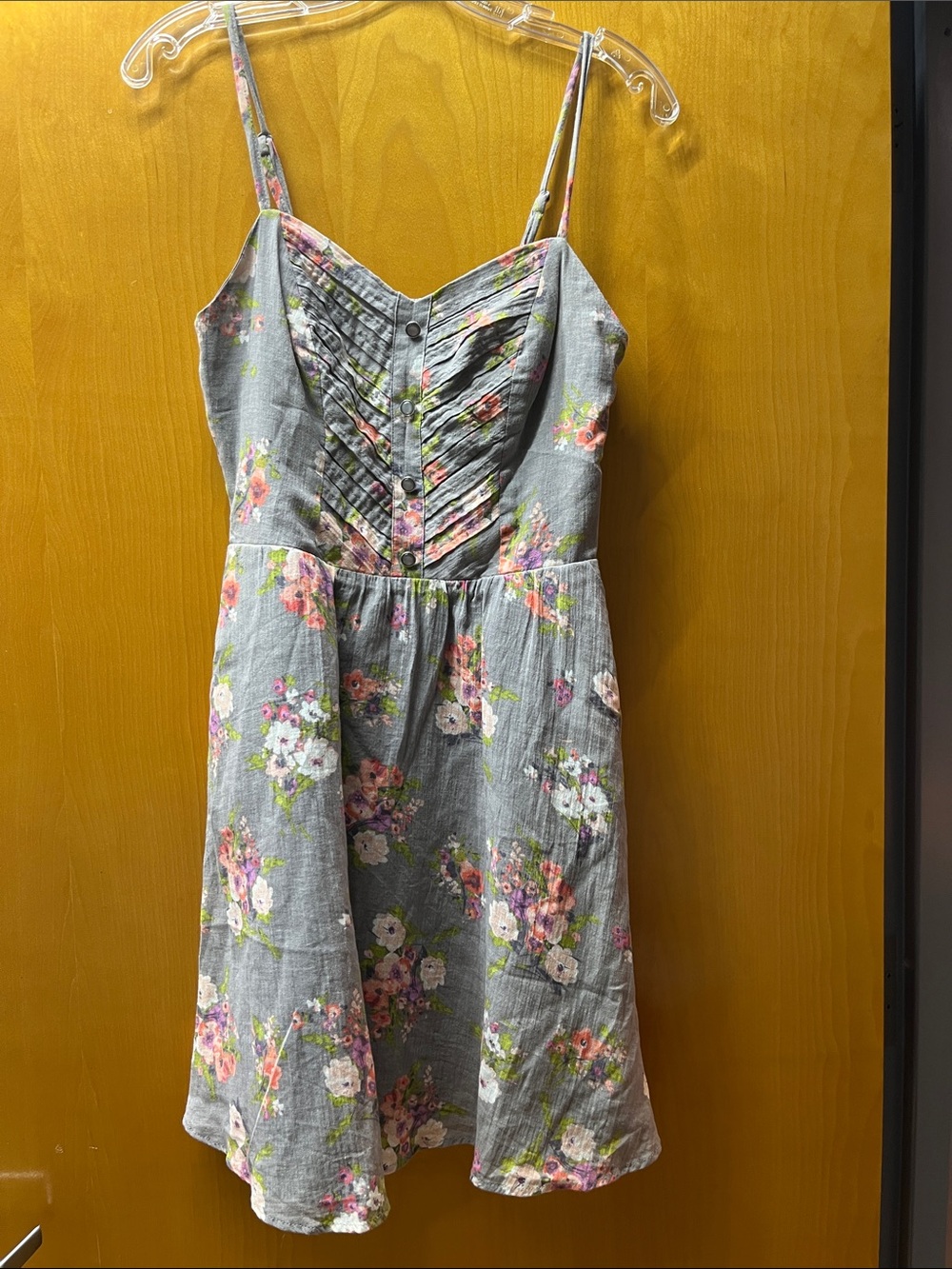 LC Lauren Conrad Gray Floral Pleated Bodice Spaghetti-Strap Mini Dress